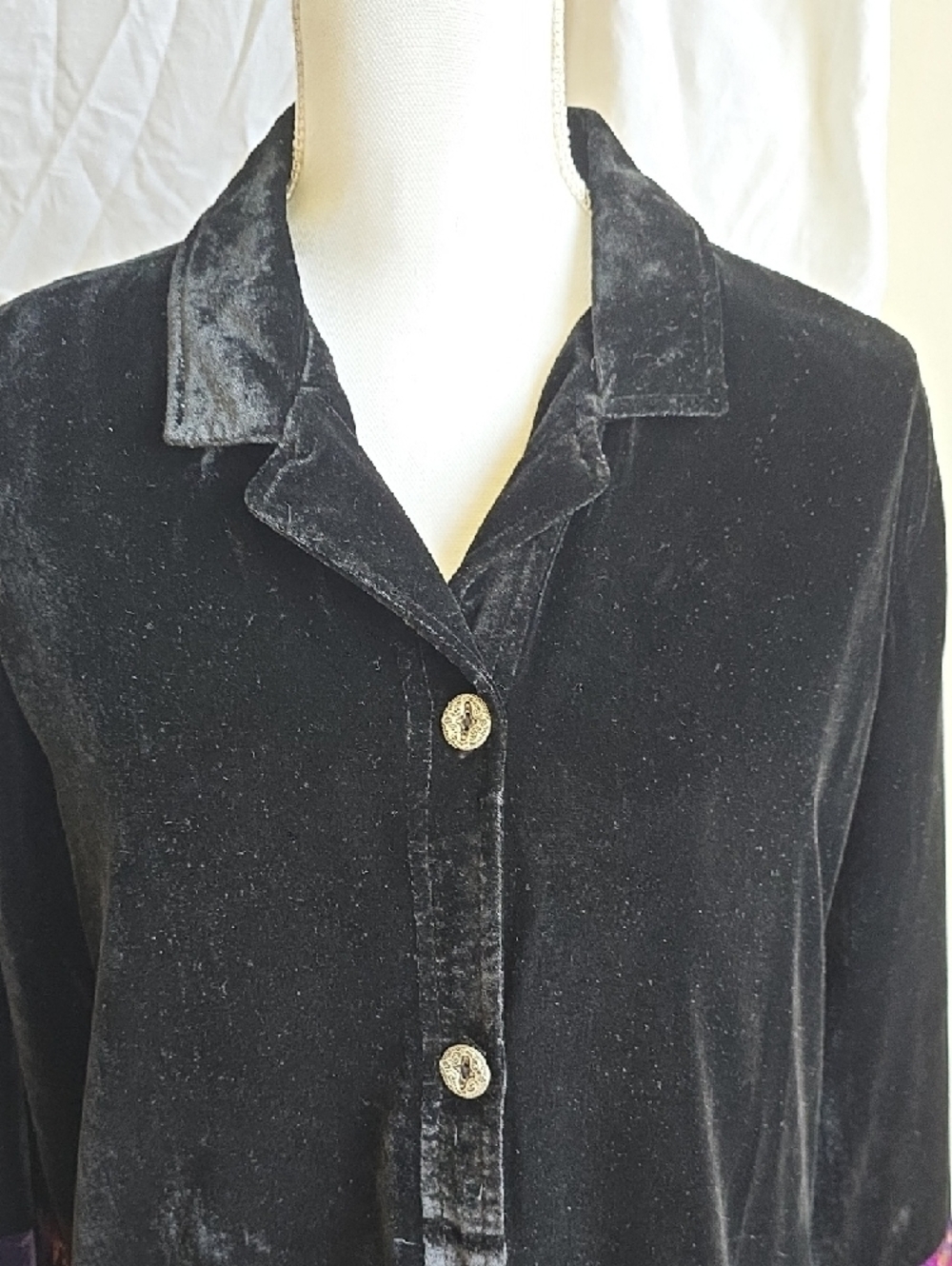 Velvet Patchwork Button-Front Women’s Top - Black Multi - Picture 3 of 5